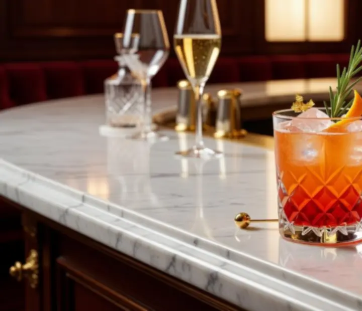 Cocktail signature servi dans un verre élégant au bar du restaurant.