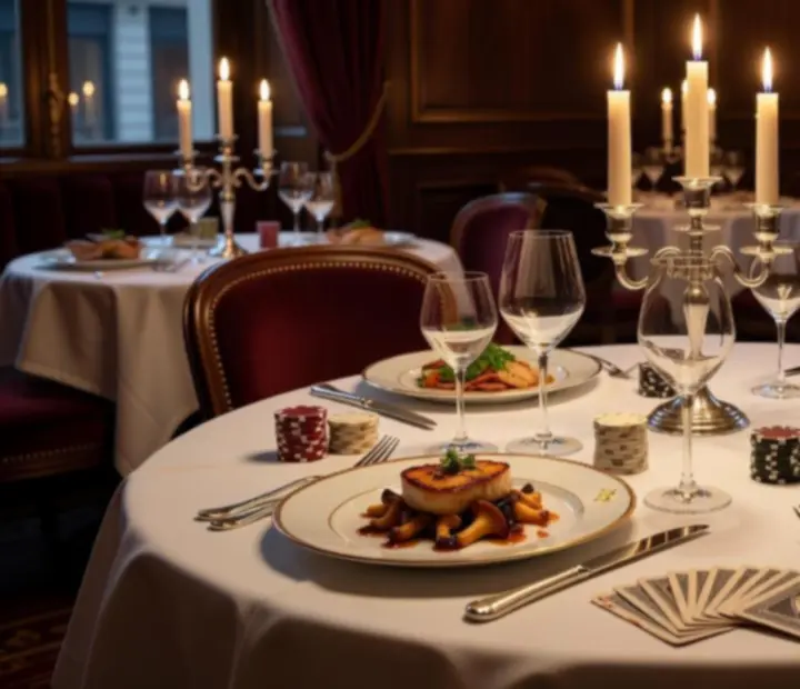 Table gastronomique raffinée avec service de vin et table de poker élégante