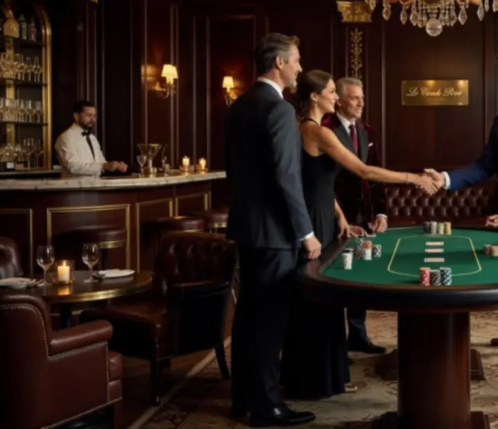 Hôtes et croupier professionnels accueillant des invités dans un restaurant haut de gamme