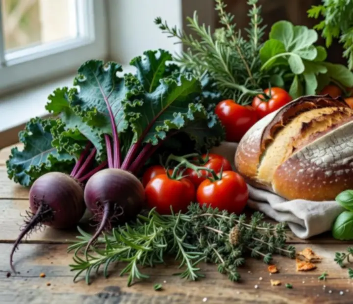 Ingrédients de saison et produits frais mis en scène sur un plan de travail raffiné.