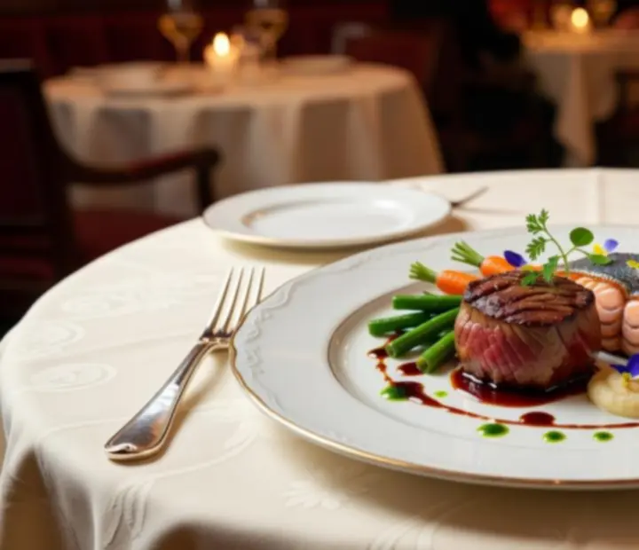 Plat principal gastronomique dressé avec précision dans une assiette contemporaine.