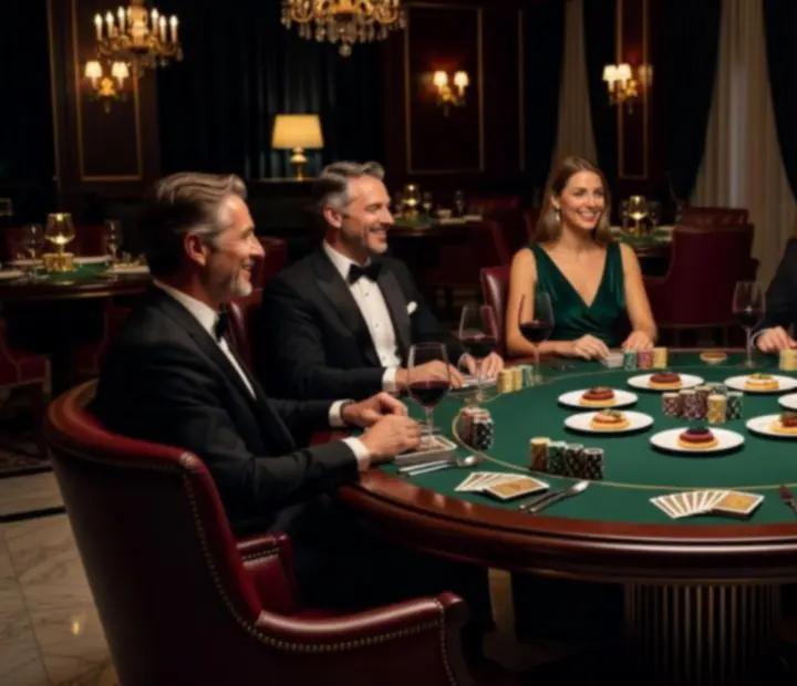 Table de poker élégante avec jetons symboliques et verres à vin dans un cadre feutré