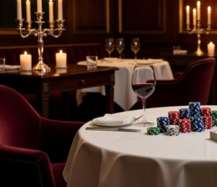 Table de poker élégante dressée dans une salle de restaurant feutrée