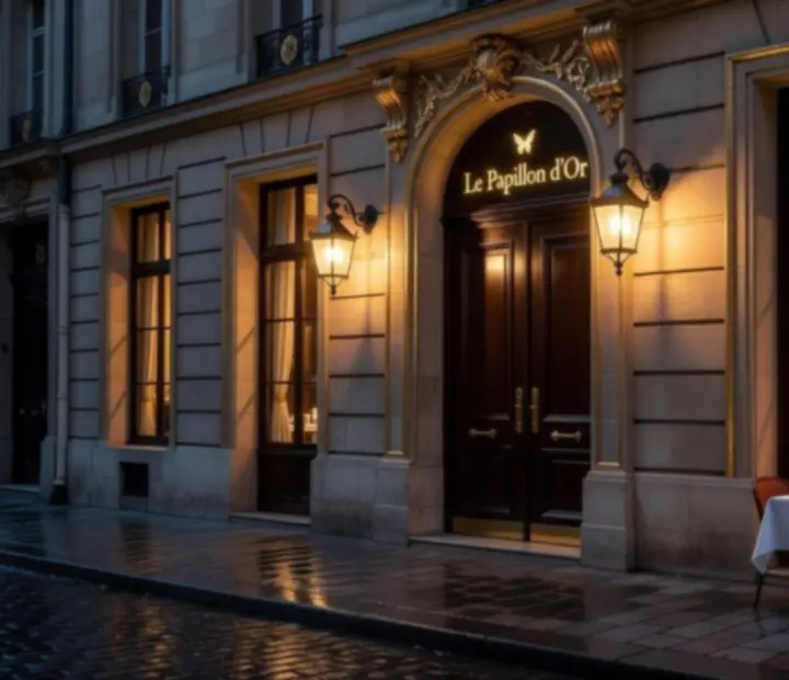 Façade nocturne du restaurant Lieu Select, entrée élégante illuminée.