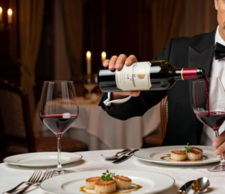 Service de vin exclusif par le sommelier, carafe en cristal et verres élégants.