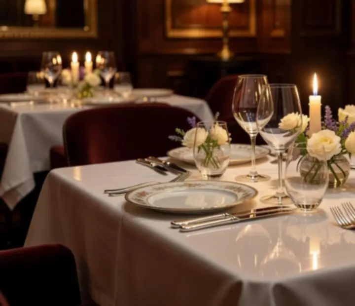 Table élégamment dressée avec vaisselle fine, verrerie et lumière tamisée.