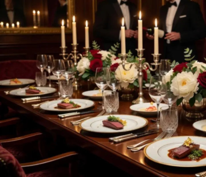 Table d'événement raffinée dressée avec chandeliers, vaisselle fine et verres à vin dans une salle élégante