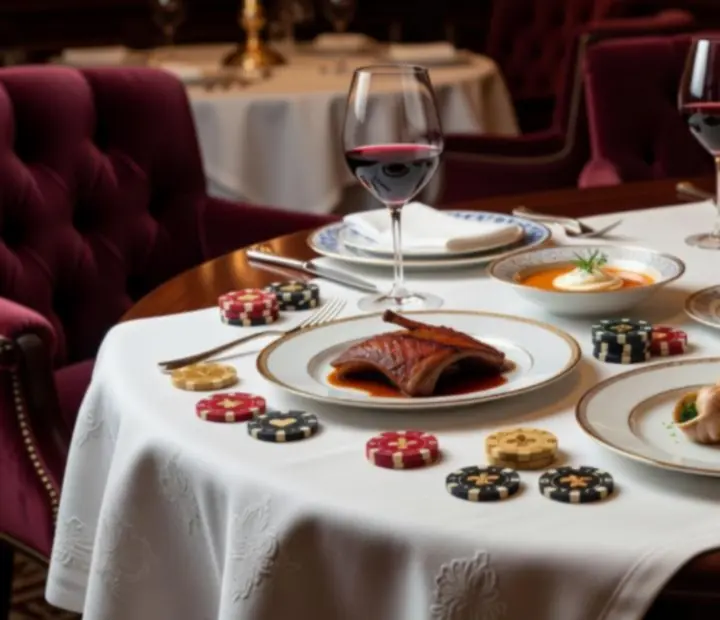 Table de poker dressée avec plats gastronomiques et verres de vin dans un décor raffiné