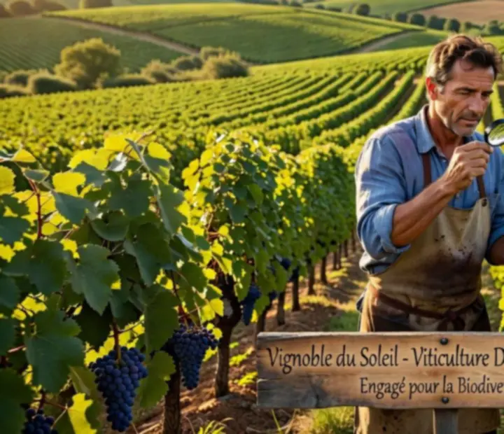 Vigneron observant des rangs de vignes dans un vignoble français